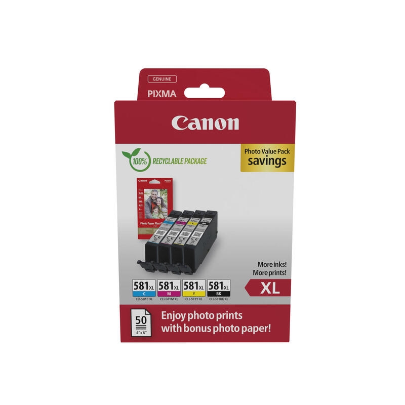 Canon Original CLI-581XL Druckerpatronen Value Pack - 1 x schwarz / je 1 x CMY + 50 Blatt Fotopapier (2052C006) Image