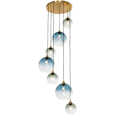Qazqa - Art-Deco-Hängelampe aus Messing mit blauem Glas, rund, 7-flammig – Sandra Image