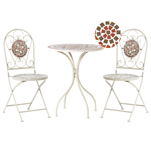 Balkon Set Weiß aus Metall Mosaik Muster mit 2 Stühlen 1 Tisch Outdoor Terrassenmöbel Gartenmöbel Balkonmöbel
