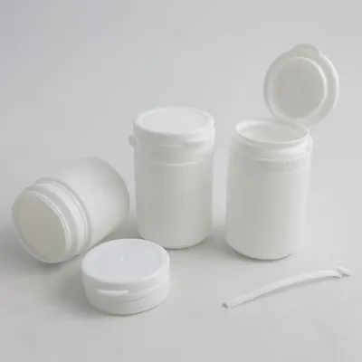 50pcs 50ml 70ml 80ml HDPE Solid white pill bottle w/tearing cap hard plastic PE medical grade hinge Top Medical Bottle