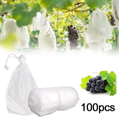 100pcs White Fruit Protection Bags 30x20cm/11.8x7.9 inch Fruit Cover Mesh Bag with Drawstring Protecting Vegetables and Fruits from Birds and Pests Non-woven Cloth Strawberry Grape Grow Bags Antifr