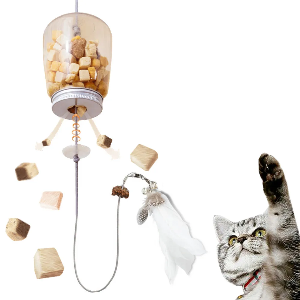 Jouet interactif pour chat, fuite de nourriture, jouets en plumes avec cloche, porte suspendue, corde à gratter, distributeur d'aliments pour animaux de compagnie, chaton, herbe-aux-chats