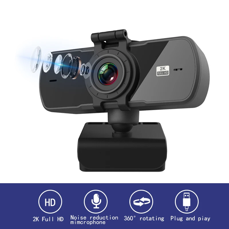 Webcam 2K Full HD 1080P caméra Web mise au point automatique avec Microphone caméra Web USB pour ordinateur Mac ordinateur portable bureau YouTube Webcamera