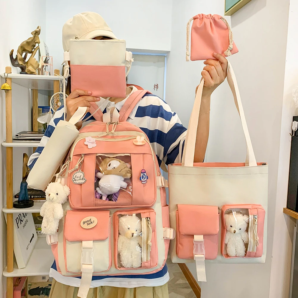 Ensemble de sac à dos Kawaii pour filles, sac d'école pour étudiants, cartable pour adolescentes, sacs de livre, étui à crayons pour femmes, sac à dos de voyage, fourre-tout, 5 pièces