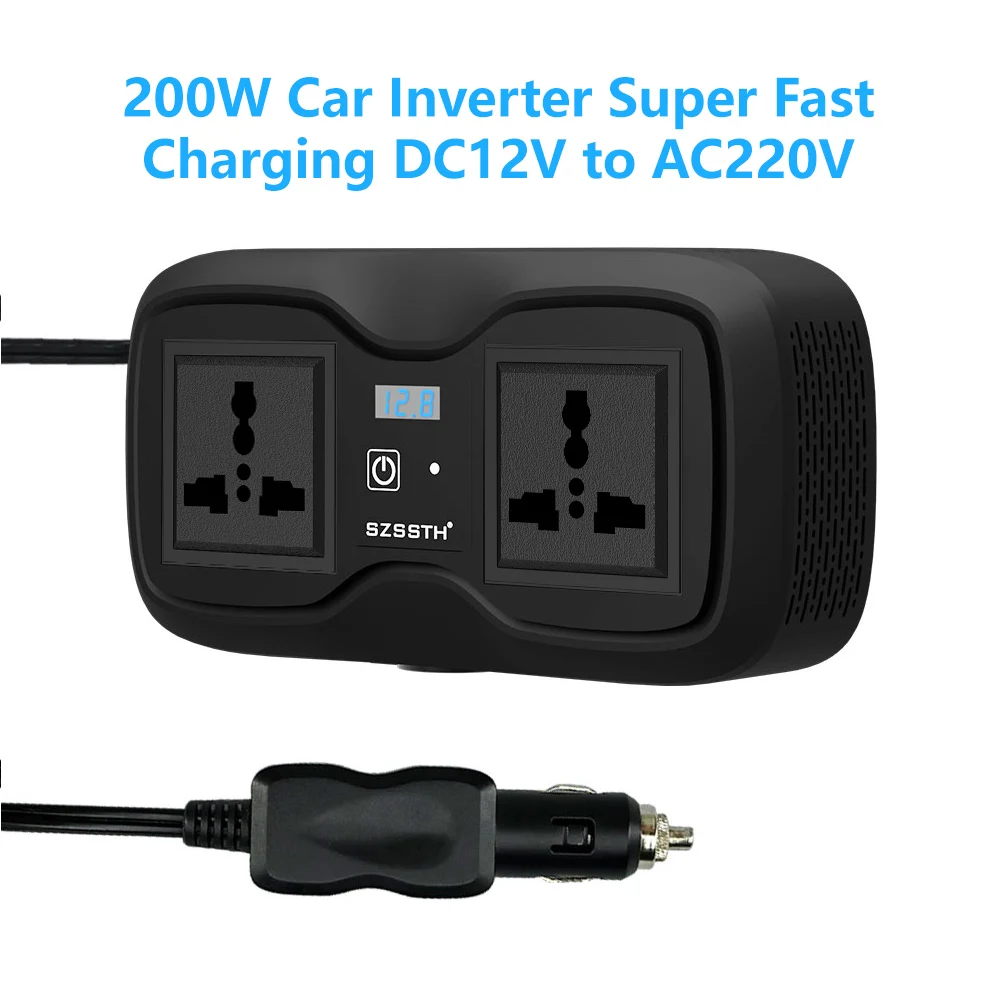 12V à 220V 200W crête LED affichage prises onduleur voiture onduleur adaptateur convertisseur avec 3.6A double USB type-c ue