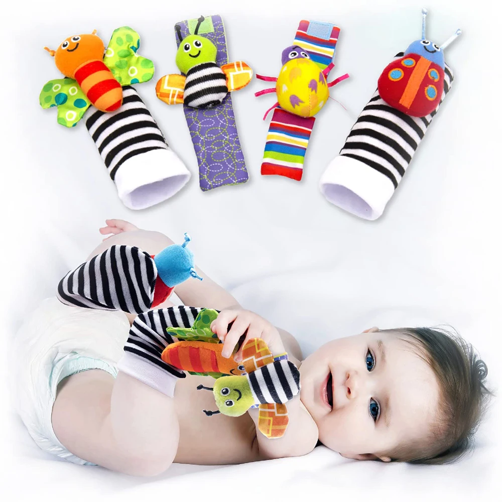 Ensemble de hochets de poignet pour chaussettes de pied, jouets pour nouveau-nés, bébé garçon et fille, développement du cerveau, jouets pour nourrissons, hochets pour mains et pieds adaptés aux bébés