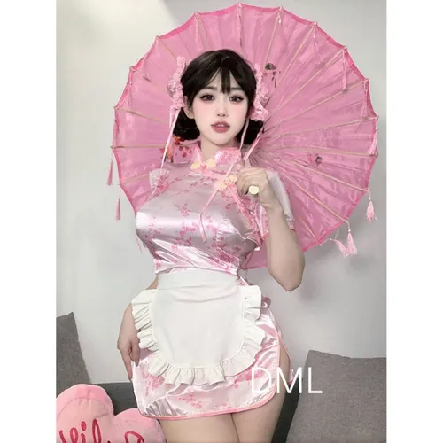 Süßes sexy Mini kleid rosa Mode chinesische Frauen Cheong sam Paar flirten verführer ische Unterlage