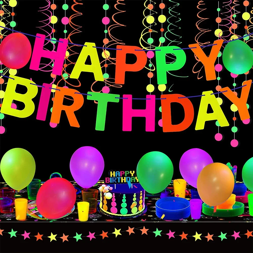 Schwarzlicht-Partyzubehör, alles Gute zum Geburtstag, Banner, Neon-Ballon, leuchtet im Dunkeln, Wafer-Sterne, Papiergirlande, UV-reaktive Leuchtbänder Image