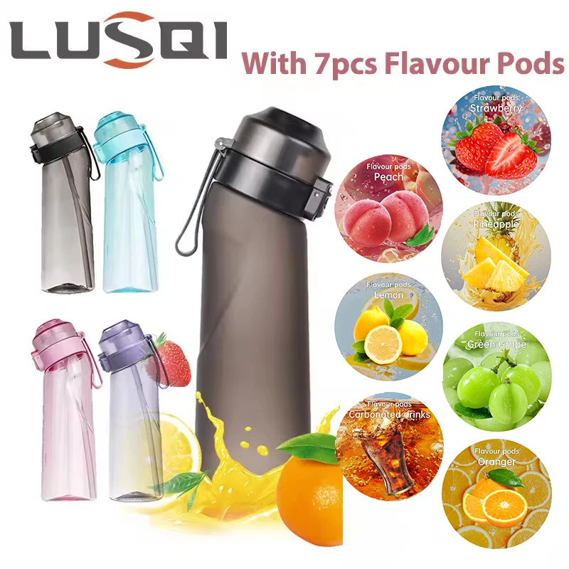 LUSQI Luftgeschmack-Wasserflasche mit 7-Geschmack-Ring, sportlicher, modischer Strohhalm-Tritan-Kunststoffbecher, geeignet für Outdoor-Sportarten und Fitness Image