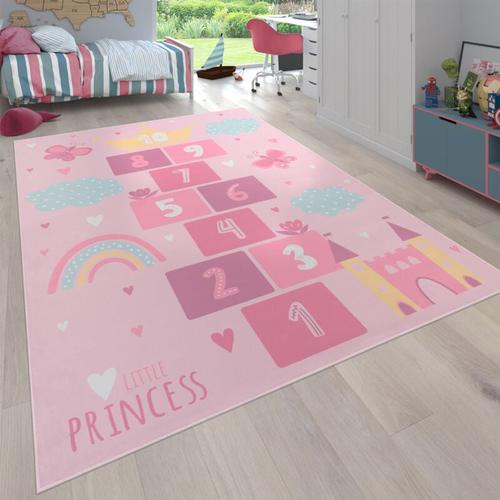 Teppich Kinderzimmer Kinderteppich Rutschfest Spielteppich Spielfeld Herz Pink 160 cm Rund - Paco