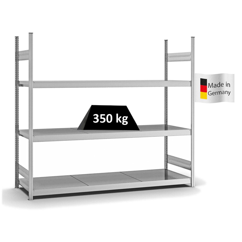 PROREGAL Weitspannregal Stecksystem T-Profil | HxBxT 200x225x60cm | 3 Ebenen | Stahlplatten-Fachboden | Fachlast 350kg | Verzinkt | Lagerregal Image