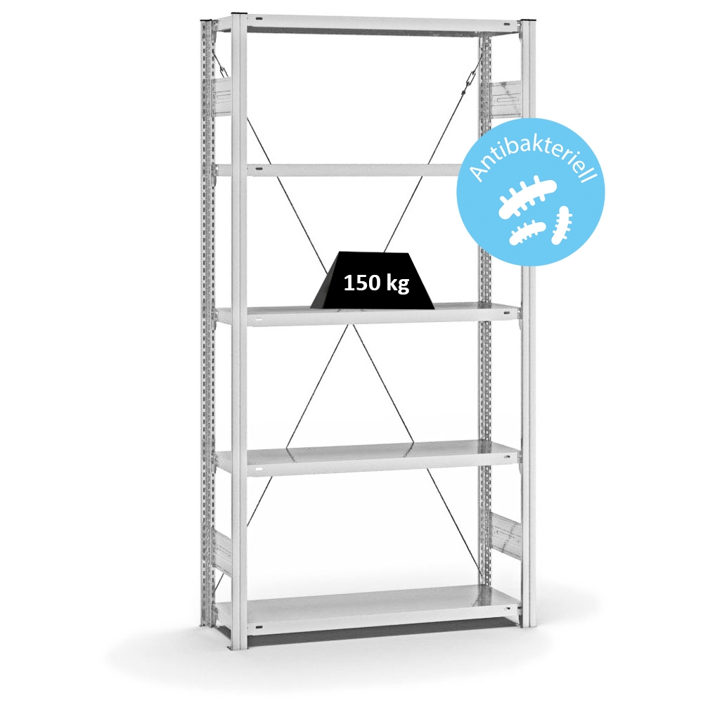 PROREGAL Antibakterielles Fachbodenregal Stecksystem T-Profil | HxBxT 200x100x30cm | 5 Ebenen | Traglast 150kg | Antibakterielle Beschichtung | Weiß Image