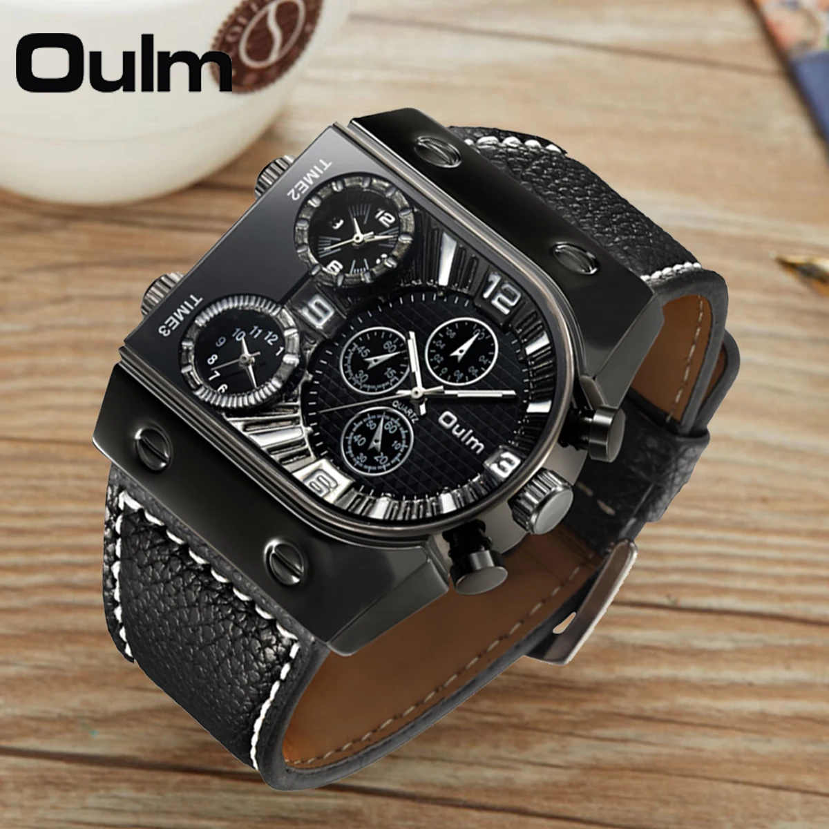 Oulm Einzigartige Große Größe männer Uhren Drei Zeitzone Outdoor Sport Uhr Männlichen Casual Lederband Männer Armbanduhren Relogio