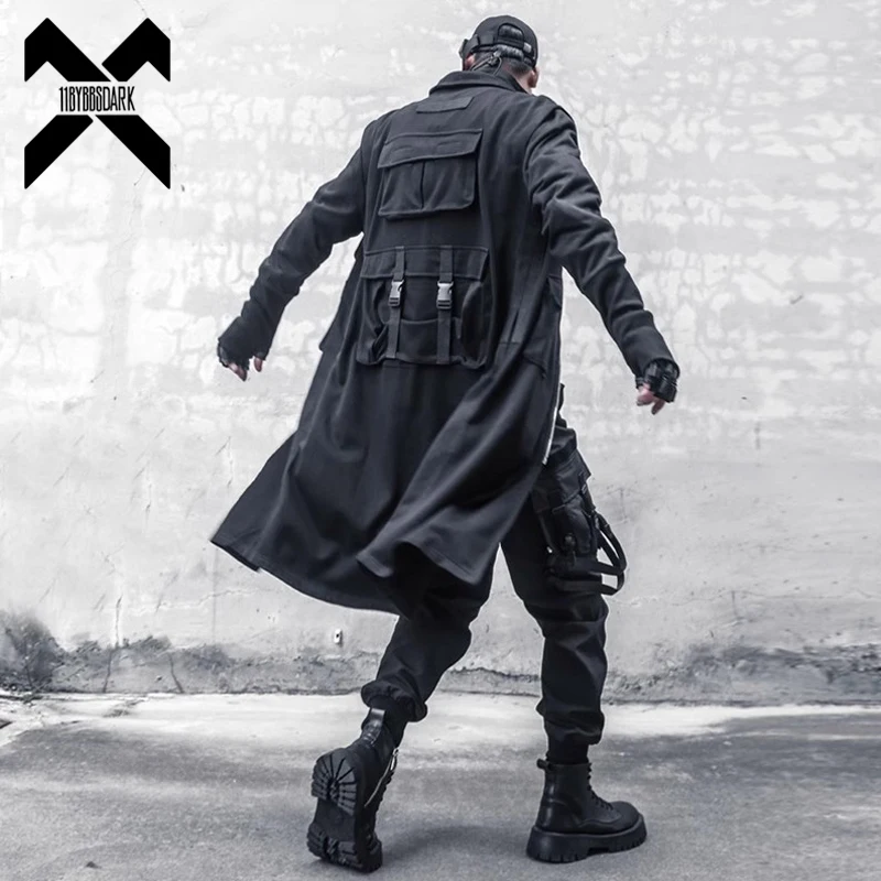 Schwarzer langer Trenchcoat Windjacke Herren 2025, mehrere Taschen, Funktionsjacke, Punk, Gothic, Hip Hop, Streetwear, Herrenbekleidung