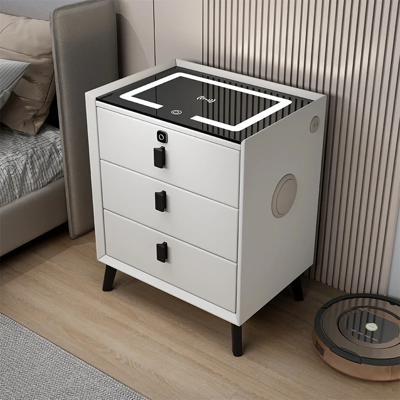 Comodino intelligente a 3 cassetti con ricarica wireless Tavolino da camera in legno massello con serratura delle impronte digitali Comodini per hotel