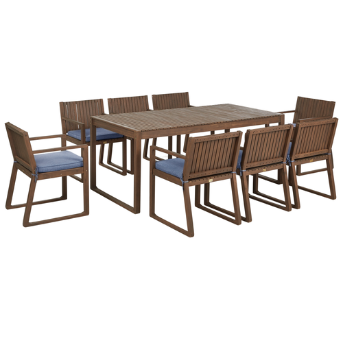 Gartenmöbel Set 8-Sitzer Dunkelbraun Akazienholz Tisch mit 8 Stühlen und Sitzkissen Blau Rustikal Modern Terrasse Garten Ausstattung