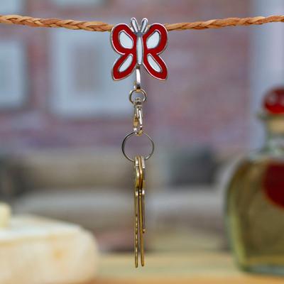 'Butterfly-Themed Red and White Resin and Zamac Keychain'