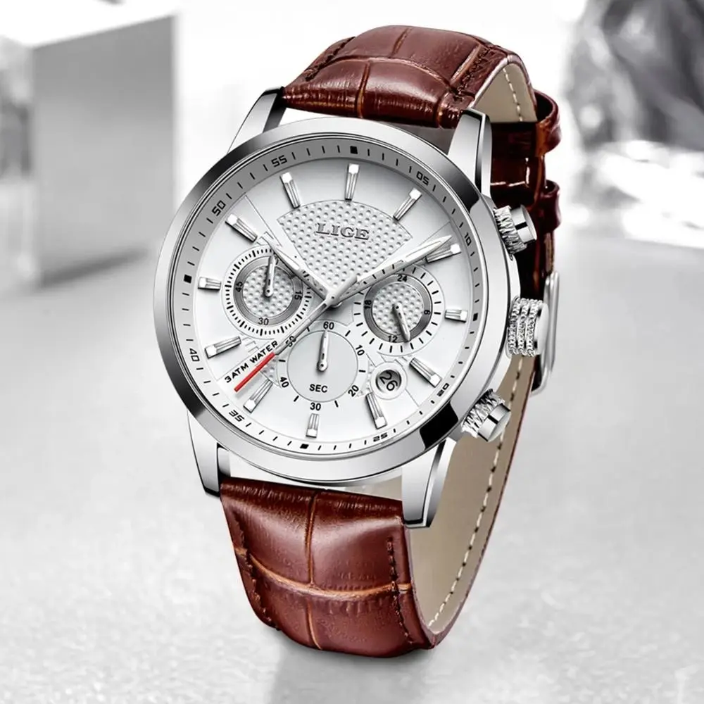 Lige uhren herren 2024 top marke luxus casual leder quarz herren uhr mann busuhr männlich sport wasserdichte datums chronograph Image