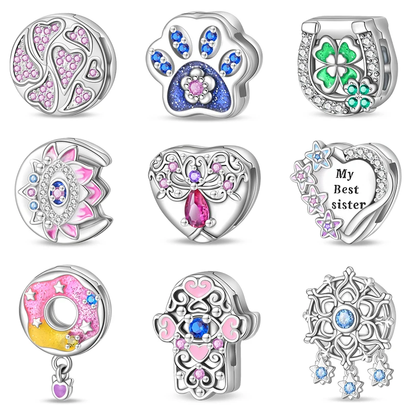 Neue 925 Silber Glück Vierblättriges Kleeblatt Donut Lotus Charms Flache Perlen Fit 3mm 925 Original Armbänder DIY freundschaft Schmuck
