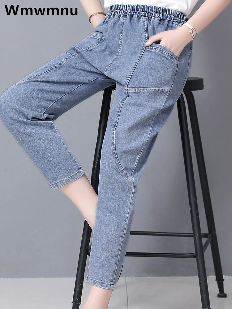 Frauen Plus Größe 4xl Casual Denim Knöchel-länge Hosen Vintage Mom Baggy Vaqueros Elastische Hohe Taille Frühling Sommer Harem jeans