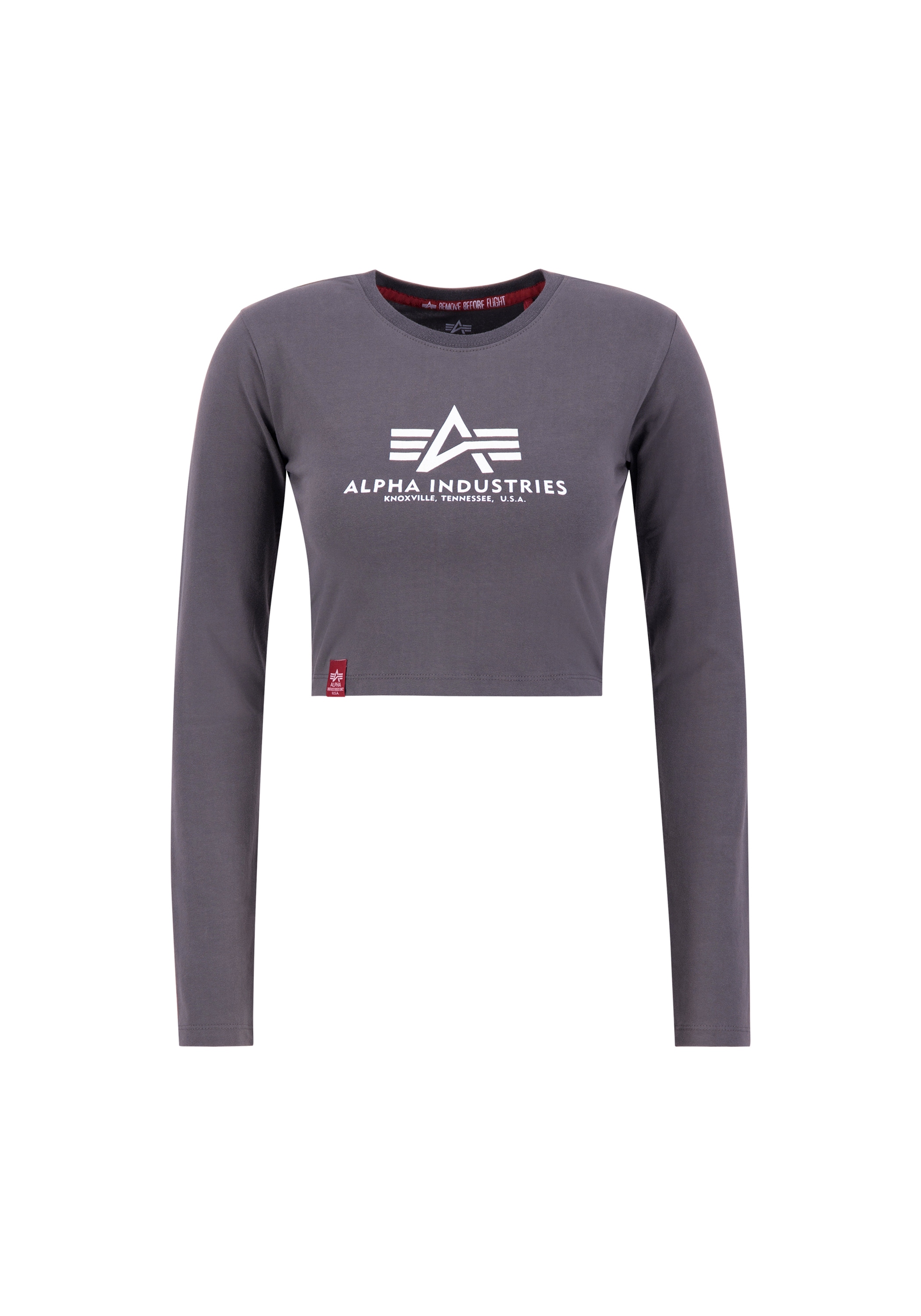 Sweater ALPHA INDUSTRIES "Basic Cropped Longsleeve W", Damen, Gr. L, grau (vintage grau), Obermaterial: 95% Baumwolle, 5% Elastan, slim fit, Sweatshirts Sweater