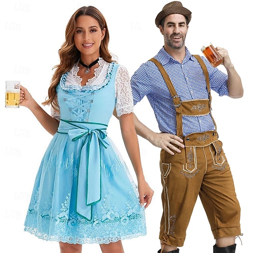 Oktoberfest-Bierkostüm für Paare, Dirndlkleid, Trachtenkleider, Maid, Oktoberfest-Paarkleider, deutsches München, Wiesn, Herren, Damen, traditioneller Stil, Stoff, Halloween, Karneval Image