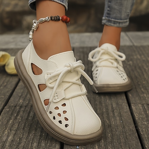 Weiße Damen-Schnürschuhe aus Kunstleder mit Cut-Outs – atmungsaktive Freizeit-Wanderschuhe für den Sommer, Reisen und den Alltag Image