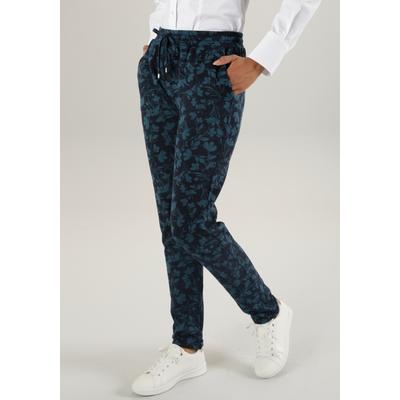 Schlupfhose ANISTON SELECTED, Damen, Gr. 38, N-Gr, bunt (dunkelblau, petrol), Jersey, Sweatware, Obermaterial: 67% Polyester, 29% Viskose, 4% Elasthan, Jacquardmuster, modisch, figurumspielend knöchellang, Hosen, mit praktischen Eingrifftaschen Image