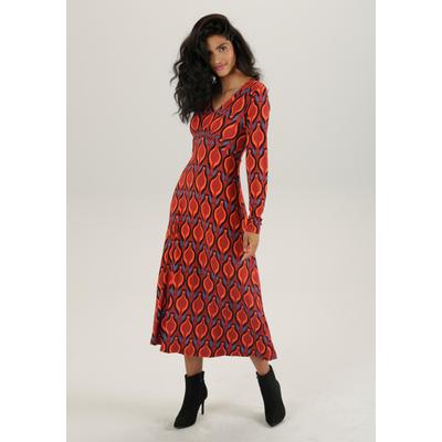 Midikleid ANISTON SELECTED, Damen, Gr. 44, N-Gr, rot (dunkelrot, schwarz, blau, rot), Single Jersey, Obermaterial: 95% Viskose, 5% Elasthan, bedruckt, gemustert, modisch, figurumspielend Midi, V-Ausschnitt, Langarm, Kleider, mit Smok-Einsätzen und... Image