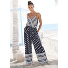 Overall VIVANCE, Damen, Gr. 34, N-Gr, blau (blau, bedruckt), Web, Obermaterial: 100% Viskose, bedruckt, modisch, figurumspielend lang, tiefer V-Ausschnitt, ohne Ärmel, Overalls, mit Bordürendruck und Taschen, sommerlicher Jumpsuit, weites Bein