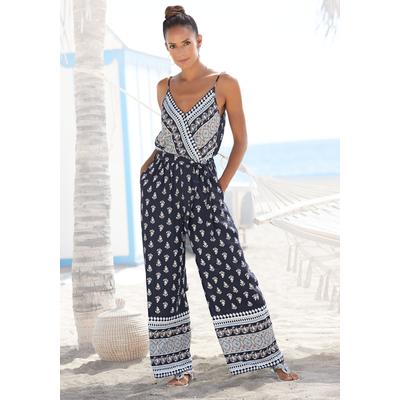 Overall VIVANCE, Damen, Gr. 44, N-Gr, blau (blau, bedruckt), Web, Obermaterial: 100% Viskose, bedruckt, modisch, figurumspielend lang, tiefer V-Ausschnitt, ohne Ärmel, Overalls, mit Bordürendruck und Taschen, sommerlicher Jumpsuit, weites Bein Image