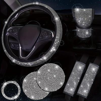 7PCS/SET Bling Car Accessories Set for Women - Includes Steering Wheel Cover Coasters Seat Belt Pads Emblem Sticker and Gear Shift Cover - Add Sparkle and Comfort to Your Ride