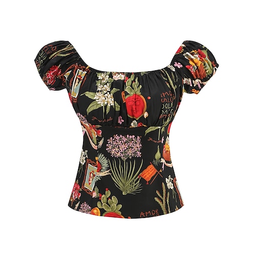 Retro Vintage 1950er Bluse / Hemd Schulterfrei Blume / Blumenmuster Kostüm Damen Maskerade Alltagstauglich Junggesellinnenabschiedsparty Erwachsene Oberteil Image