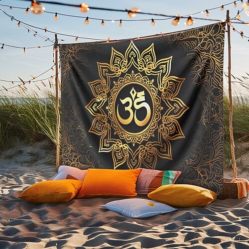 Outdoor Mandala Om Wandteppich zum Aufhängen, Wandkunst, großer Wandteppich, Wanddeko, Fotohintergrund, Decke, Vorhang, Zuhause, Schlafzimmer, Wohnzimmer, Dekoration Image