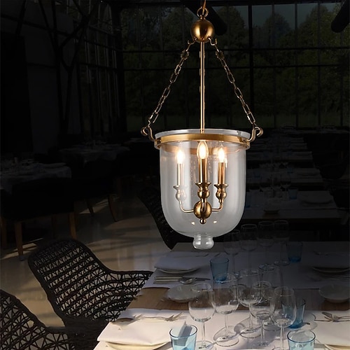 LED Pendelleuchte Warmweiß 36/42cm 3-flammig Landhaus Retro Gold Hängeleuchte Industriestil E14 Transparent Glas Lampenschirm Kronleuchter Metallring Lampenkörperform Deckenbeleuchtung für Wohnzimmer Image
