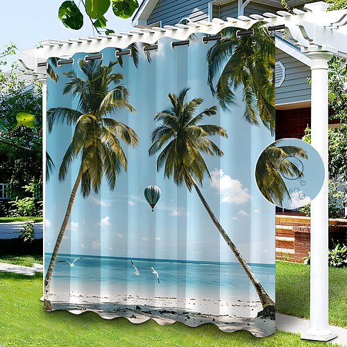 Wasserdichter Outdoor Vorhang Sichtschutzvorhang für den Außenbereich, Schiebevorhänge für die Terrasse, Pergola mit Ösen, Strand-Palmen-Landschaft für Pavillon, Balkon, Veranda, Party, 1 Panel Image