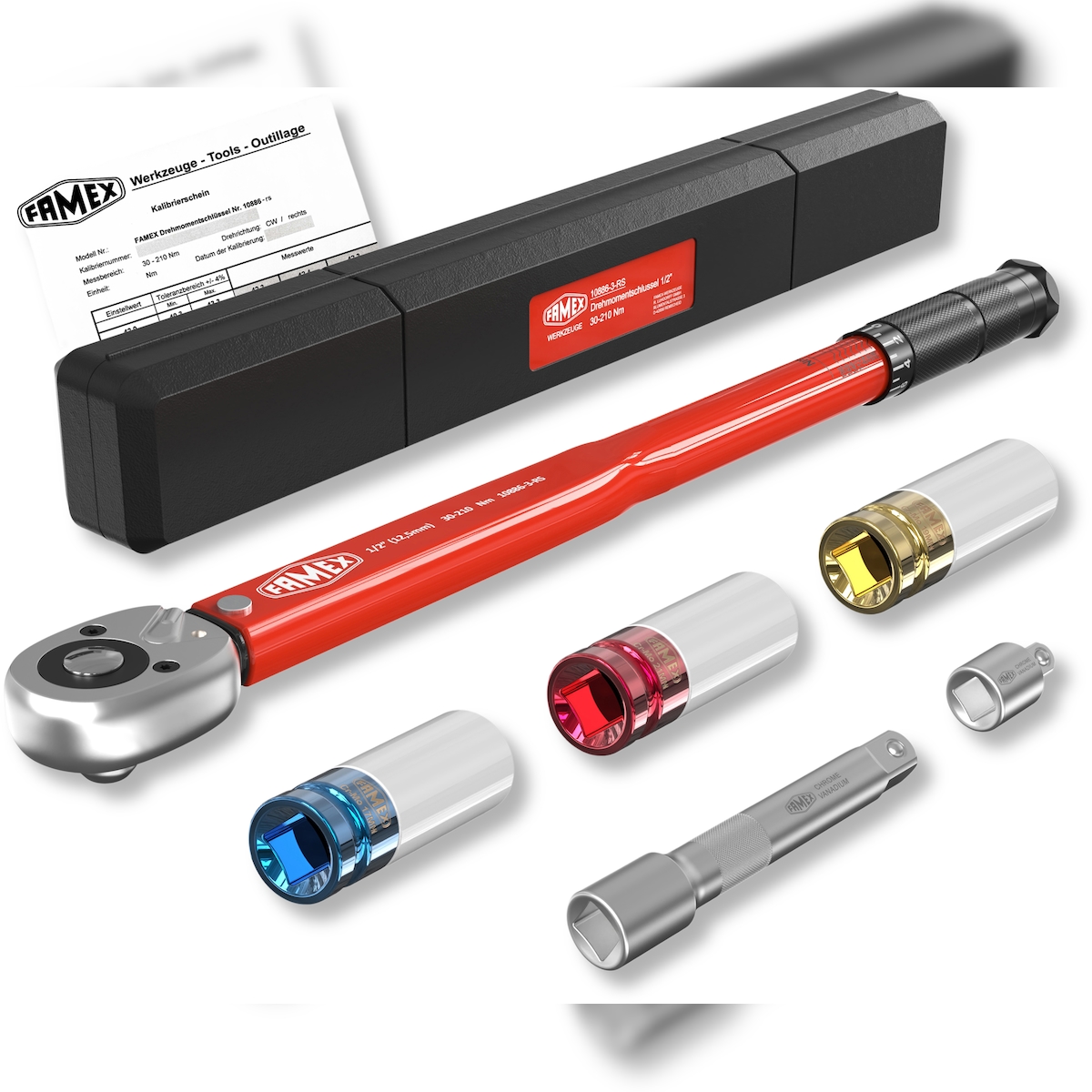 FAMEX Werkzeuge FAMEX 10886-3-RS-KS Drehmomentschlüssel Set 1/2 Zoll (12,5mm) 30-210 Nm - mit Spezial-Einsätze für Radschrauben Image