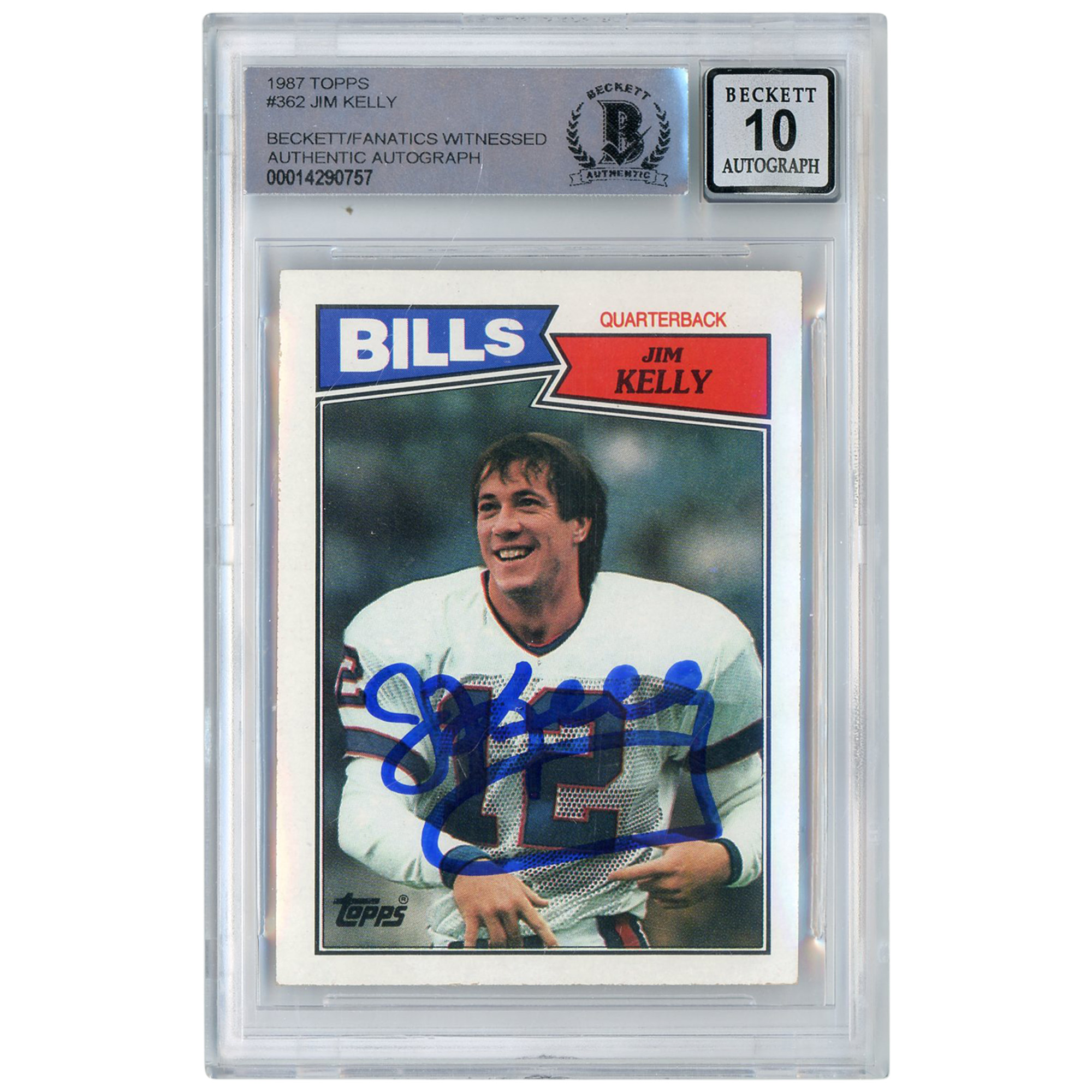 Jim Kelly, Buffalo Bills, signierte 1987 Topps #362 Beckett Fanatics, bezeugte authentifizierte 10 Rookie-Karte Image