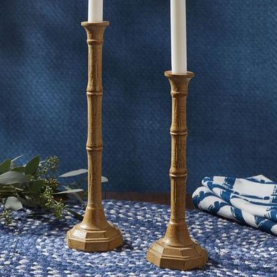 Bamboo Style Taper Candleholders Satin Gold Set of Two, Set of Two, Satin Gold