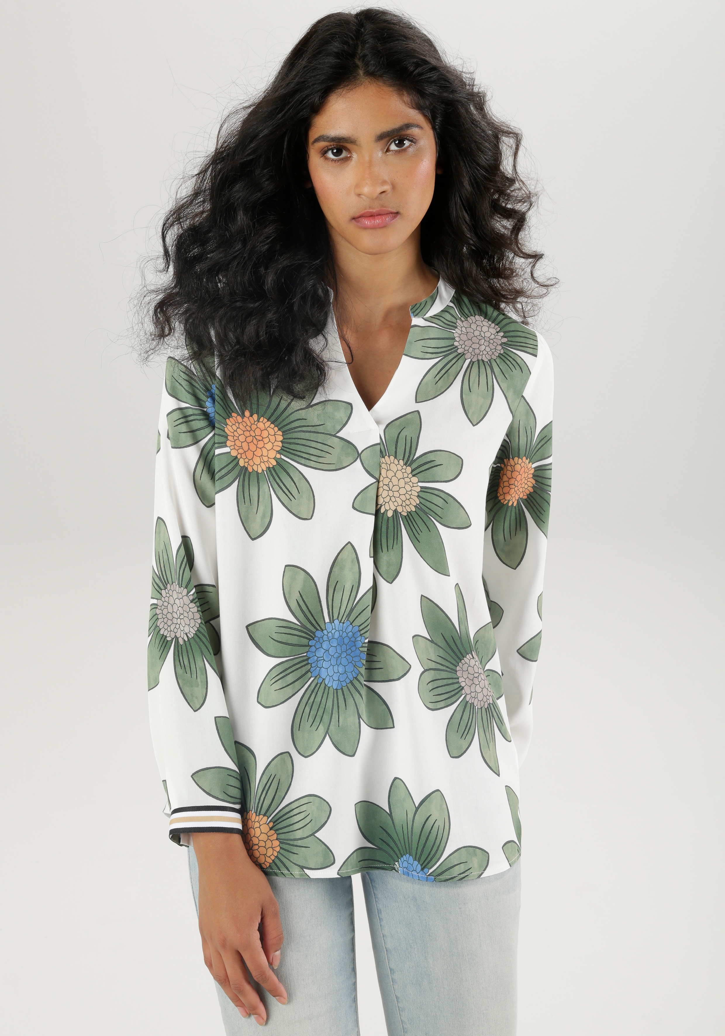 Schlupfbluse ANISTON SELECTED, Damen, Gr. 36, bunt (weiß, grün, grau, orange, beige, blau), Web, Obermaterial: 100% Viskose, bedruckt, geblümt, lässig geschnitten Po-bedeckend, V-Ausschnitt, 1-Knopf-Manschette, Blusen Schlupfbluse, mit gestreiften...