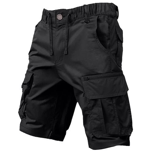 Herren Cargo Shorts Kurze Hosen Shorts Kurze Hosen Kordelzug Elastische Taille Multi Pocket Glatt Komfort Knielänge Outdoor Täglich Ausgehen Modisch Strassenmode Schwarz Grün Mikro-elastisch Image