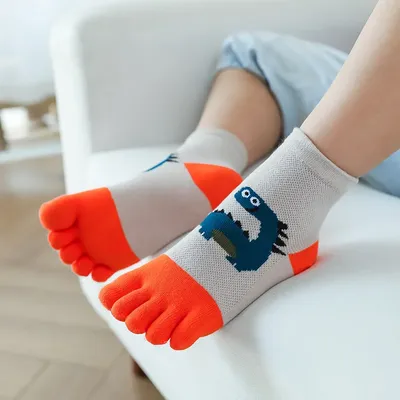 5 Pairs Kids Socks Cute Dinosaur Cartoon Toe Socks Short Mesh Novelty Cotton 5 Finger Socks with