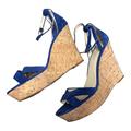 Nine West Shoes | Nine West Joker Cork Heel Open Toe Wedge Sandals Blue Suede Size 9.5 | Color: Blue | Size: 9.5