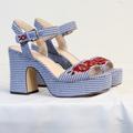 Nine West Shoes | Nine West Fontayah Blue White Suede Striped Block Heel Open Toe Sandal Size 9 | Color: Blue | Size: 9