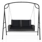 COSTWAY 2 Seater Garden Swing Chair Set, Rattan Patio Swing Bench Loveseat with Metal Stand Frame and 2 Pillows, Outdoor Porch Hanging Swing Seat and Stand (Black)