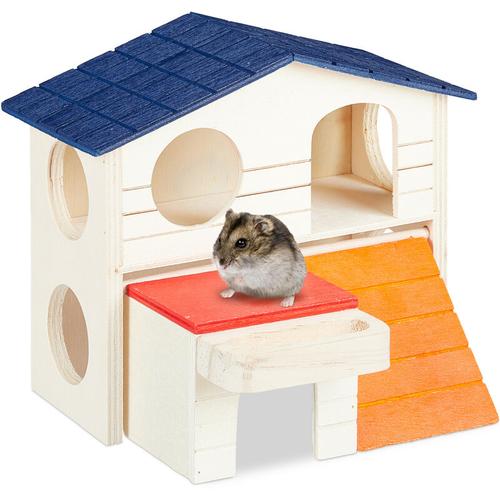 Hamsterhaus Holz, 2 Etagen, für Zwerghamster & Mäuse, kleines Hamsterhäuschen, hbt: 15 x 17 x 16,5