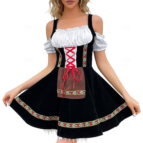 Damen Karneval Oktoberfest Dirndl Bier Kostüm mit Shirt und Schürze Bayerisch Wiesn Traditioneller Stil Image