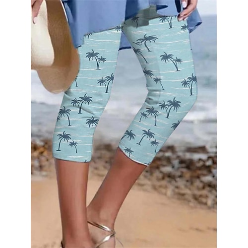 Damen Capri-Shorts Gemütliche Leggings Alltagstauglich Wadenlang Baum Druck Atmungsaktivität Bequem Mikroelastisch Urlaub Wochenende Blau Weiß Rosa Marinenblau Sommer Normale Passform Image