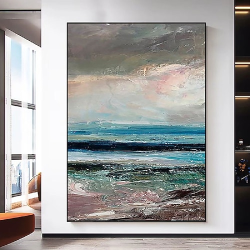 handgemalte abstrakte Seelandschaftsgemälde auf Leinwand, handgefertigtes Ölgemälde mit Textur, Ozean, Meer, handgefertigte blaue Kunst, Triptychon-Gemälde für die Wanddekoration im Wohnzimmer Image