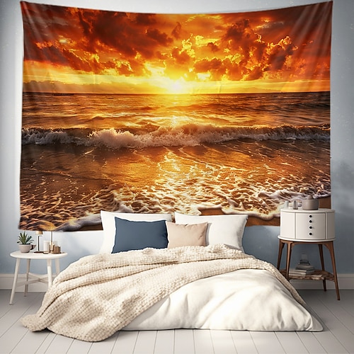 Wandteppich Kunst Dekor Decke Vorhang Tischdecke hängen zu Hause Schlafzimmer Wohnzimmer Wohnheim Landschaft Strand Meer Ozean Welle Sonnenaufgang Sonnenuntergang rosige Wolke Wandtuch XXL Natur Image